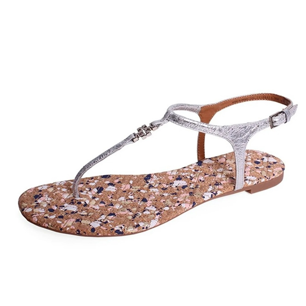 TORY BURCH Marion Confetti quilted silver t strap thong sandals silver 7
